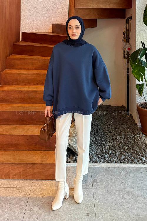 Lamelif Jasmin Bisiklet Yaka Oversize Sweat Lacivert