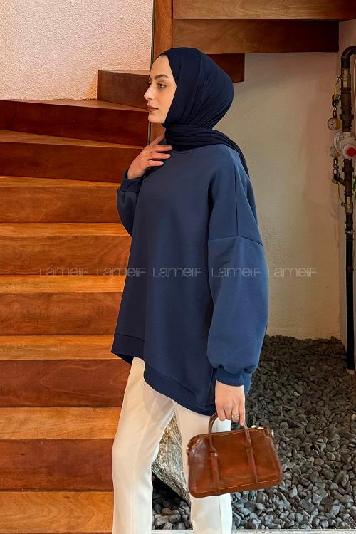 Lamelif Jasmin Bisiklet Yaka Oversize Sweat Lacivert