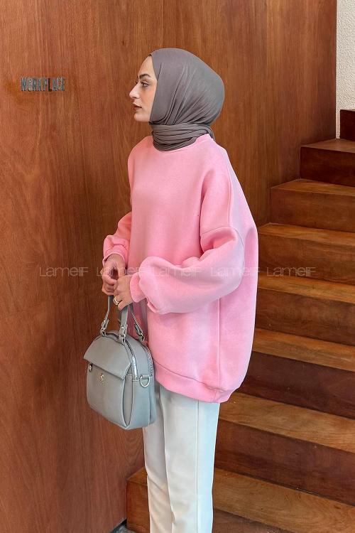 Lamelif Jasmin Bisiklet Yaka Oversize Sweat Şeker Pembe