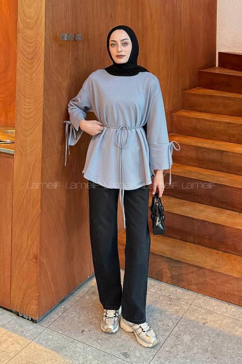 Lamelif Kol Biyeli Sweat Gri