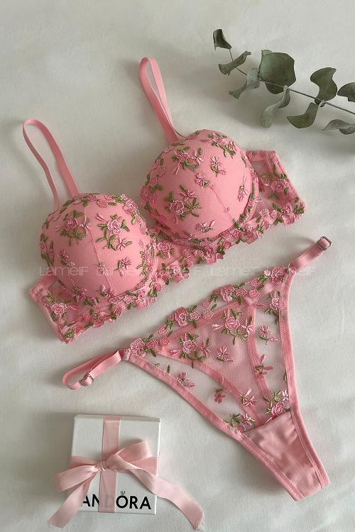 Lamelif Büstiyer Dantelli Nakışlı Destekli Takım