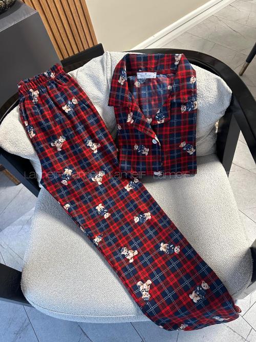 Lamelif Ekose Desen Ayıcıklı Pijama Takımı