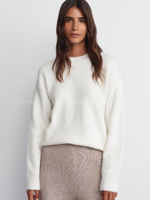 Lamelif 10640 Bisiklet Yaka Yumuşak Dokulu Kazak-Ekru