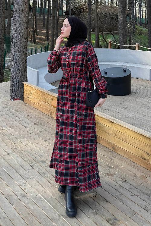 Lamelif Ekose Desen Elbise Bordo