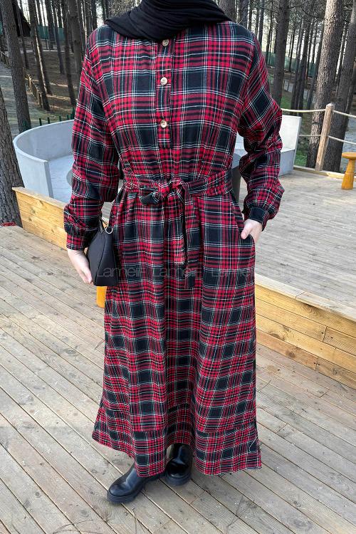 Lamelif Ekose Desen Elbise Bordo