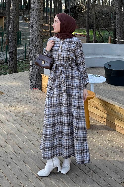 Lamelif Ekose Desen Elbise Kahve