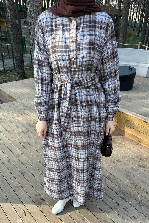 Lamelif Ekose Desen Elbise Kahve