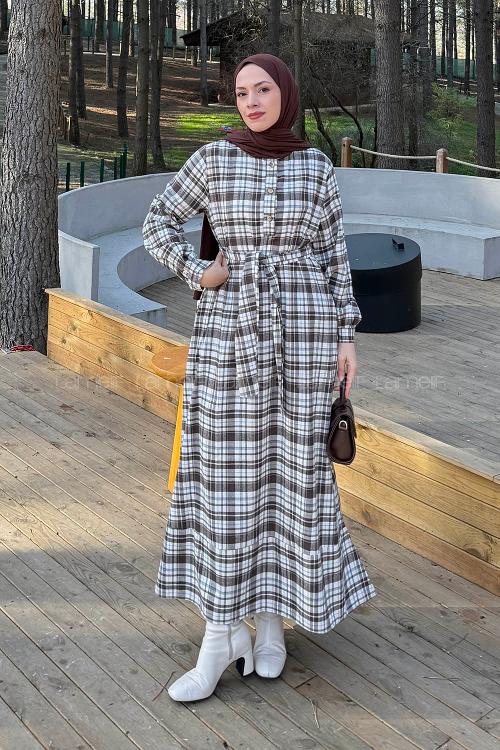 Lamelif Ekose Desen Elbise Taş Rengi