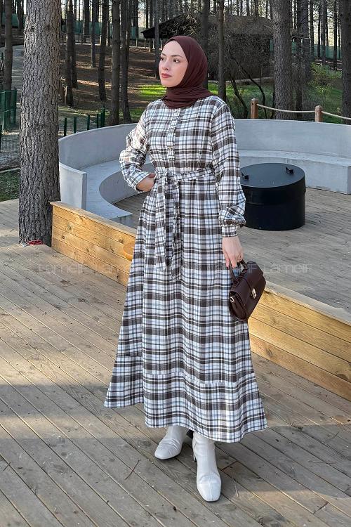 Lamelif Ekose Desen Elbise Taş Rengi