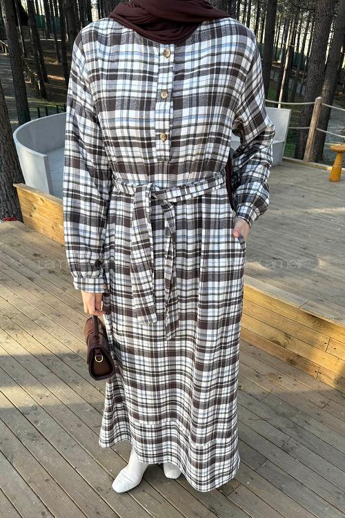 Lamelif Ekose Desen Elbise Taş Rengi