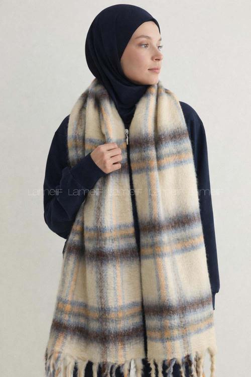 Lamelif Ekose Desenli Şal Atkı - Mavi