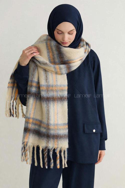 Lamelif Ekose Desenli Şal Atkı - Mavi