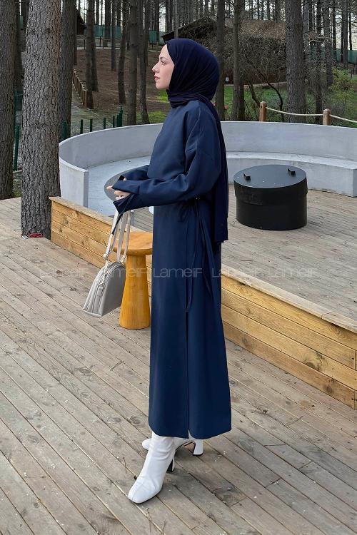 Navy Blue Crew Neck Long Arm Viscose Fabric Flared Skirt Suit