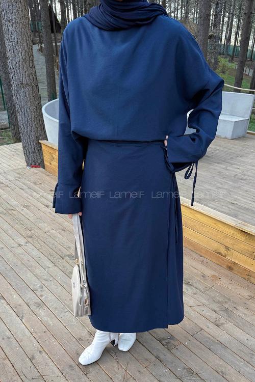 Navy Blue Crew Neck Long Arm Viscose Fabric Flared Skirt Suit
