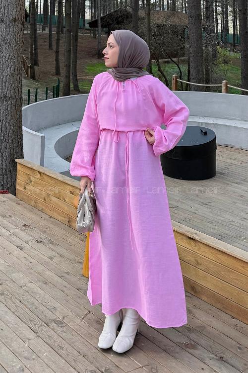 Lamelif Etekli Tesettür Takım Pembe