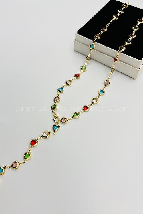 Lamelif Gold Çokrenkli Kalpli Y Kolye