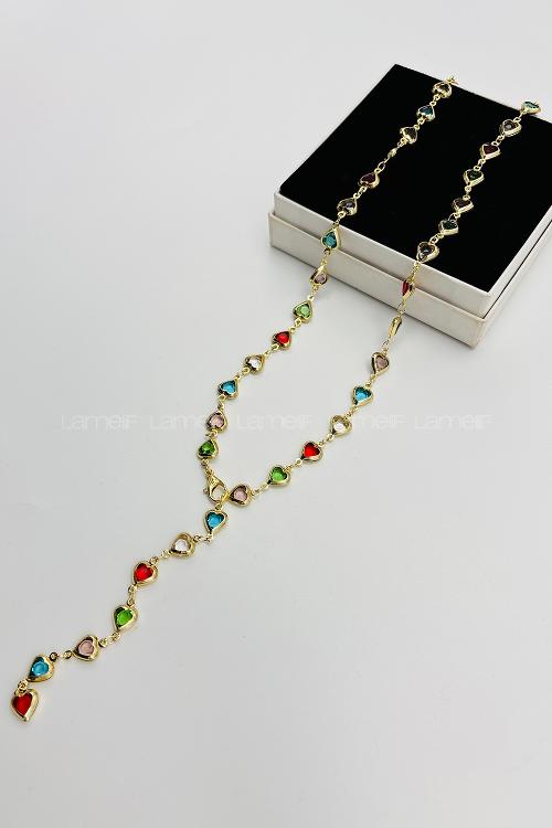 Lamelif Gold Çokrenkli Kalpli Y Kolye