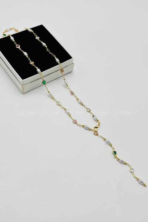 Lamelif Gold İnci Ve Kalpli  Y Kolye