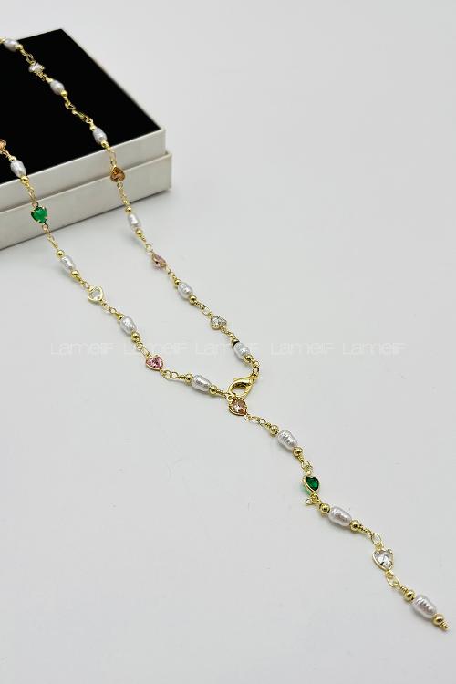 Lamelif Gold İnci Ve Kalpli  Y Kolye