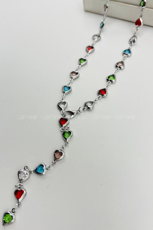 Lamelif Gümüş Çokrenkli Kalpli Y Kolye