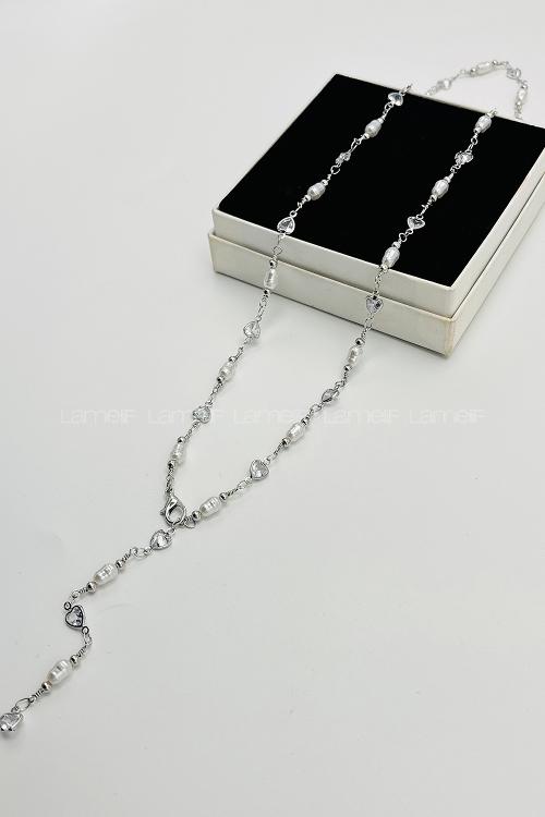 Lamelif Gümüş İnci Ve Kalpli  Y Kolye