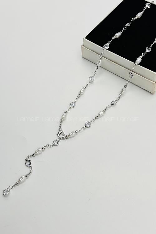 Lamelif Gümüş İnci Ve Kalpli  Y Kolye