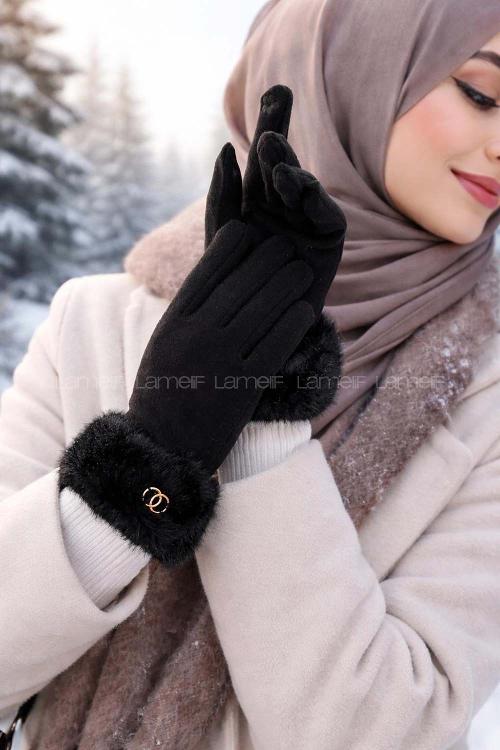 Lamelif Kadın Bileği Kürklü Dokunmatik Özellikli Eldiven Siyah