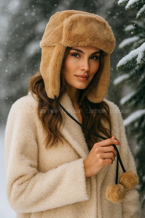 Lamelif Kadın Camel Ponponlu Kürklü Kulaklıklı Peluş Şapka Bere