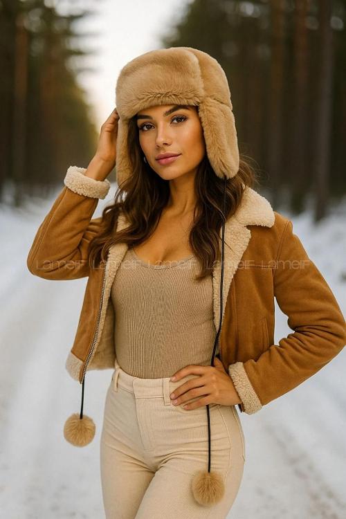 Lamelif Kadın Camel Ponponlu Kürklü Kulaklıklı Peluş Şapka Bere