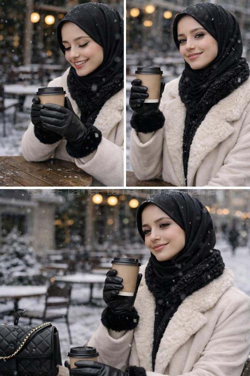 Lamelif Kadın Deri Zarif Dikişli Kürklü Eldiven Siyah