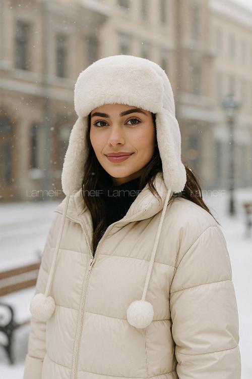 Lamelif Kadın Ekru Ponponlu Kürklü Kulaklıklı Peluş Şapka Bere