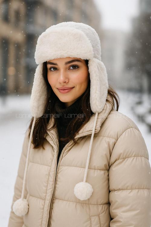Lamelif Kadın Ekru Ponponlu Kürklü Kulaklıklı Peluş Şapka Bere