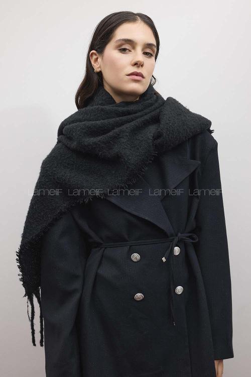 Lamelif Kadın Siyah Düz Püsküllü Atkı Şal