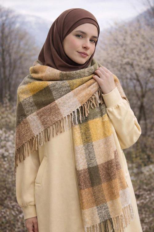 Lamelif Kare Desenli Kahverengi-sarı-bej-gri Püsküllü Kalın Dokulu Atkı Sal