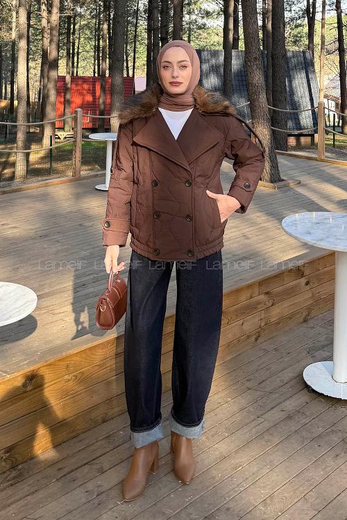 Lamelif Kürk Yaka Düğmeli Mont Kahve