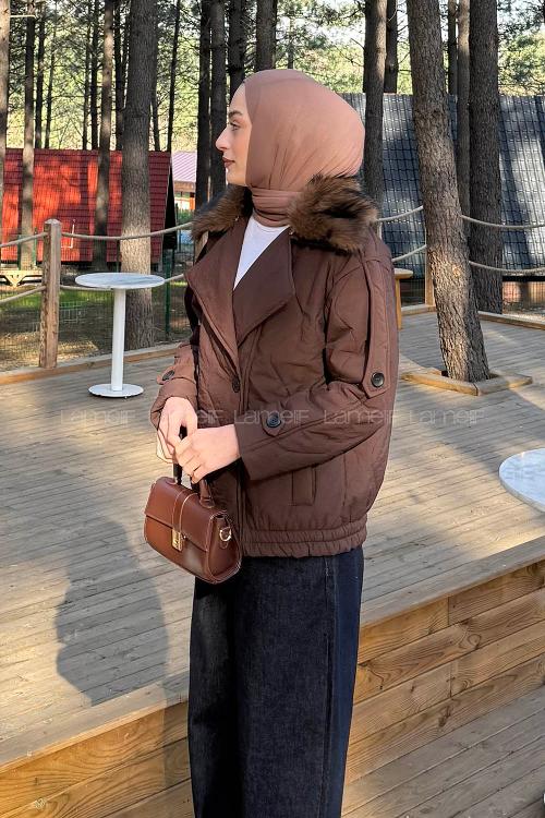 Lamelif Kürk Yaka Düğmeli Mont Kahve