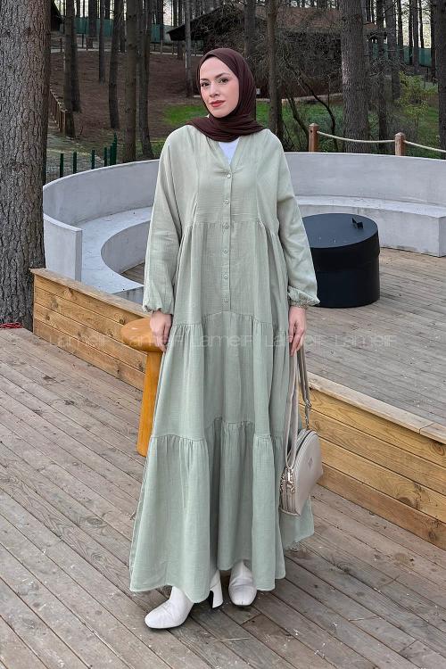 Lamelif Ön Yarım Düğme Detaylı Müslin Kumaş Tesettür Elbise Açık Yeşil