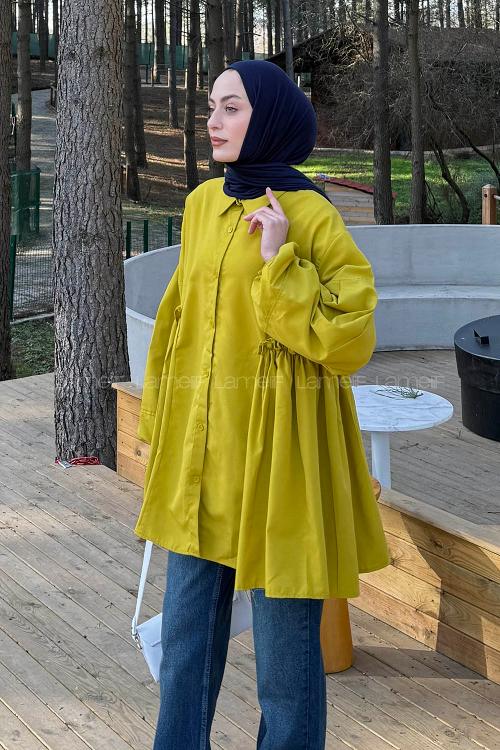 Oil Green Shirt Collar Linen Cotton Tunic