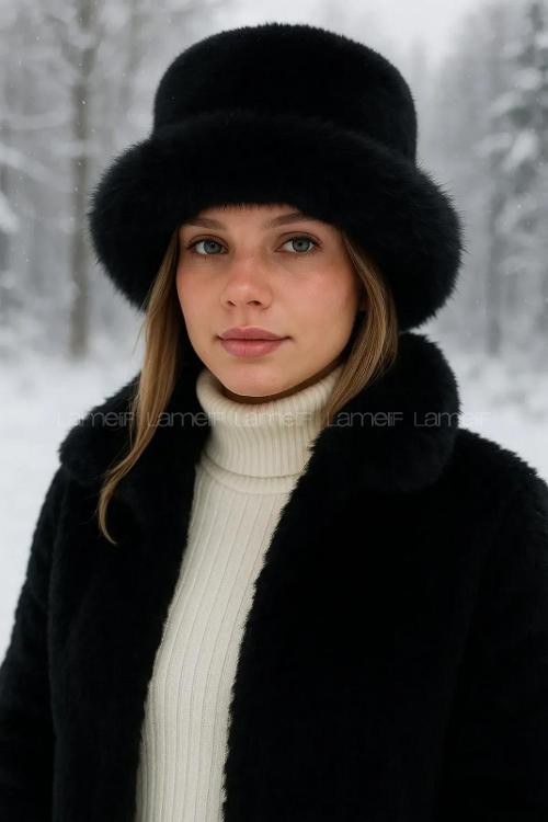 Lameli Siyah Kalın Peluş Kalpak Şapka Bere