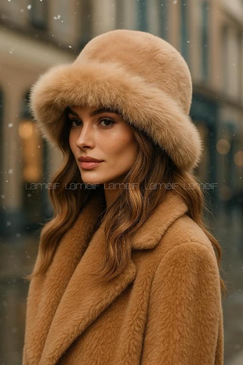 Lamelif Camel Kalın Peluş Kalpak Şapka Bere