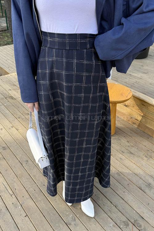 Lamelif Ekose Detay Etek Lacivert