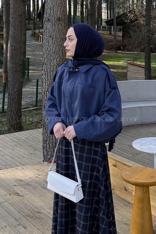 Lamelif Omuz Apoletli Süet Ceket Lacivert
