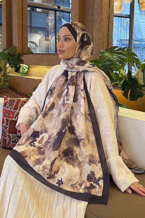 Lamelif Batik Desen Müslin Şal Bej