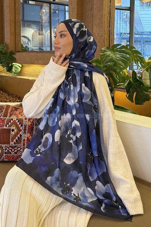 Lamelif Batik Desen Müslin Şal Lacivert