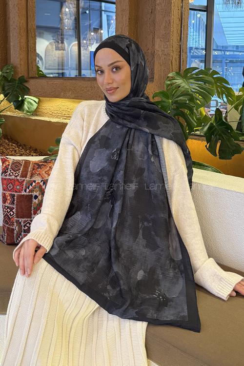 Lamelif Batik Desen Müslin Şal Siyah Gri