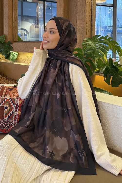 Lamelif Batik Desen Müslin Şal Siyah Kahverengi