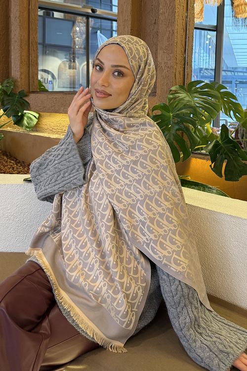 Lamelif Dior Desen Kaşmir Çift Taraflı Şal Gri Camel