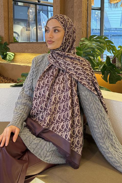 Lamelif Dior Desen Kaşmir Çift Taraflı Şal Mürdüm