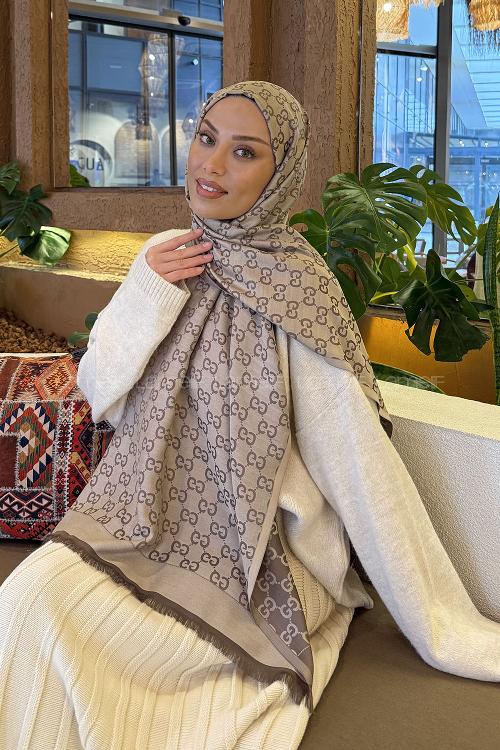 Lamelif G Desen Kaşmir Çift Taraflı Şal Kahverengi Vizon