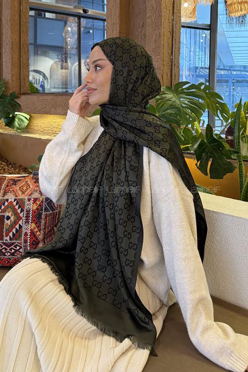 Lamelif G Desen Kaşmir Çift Taraflı Şal Koyu Yeşil